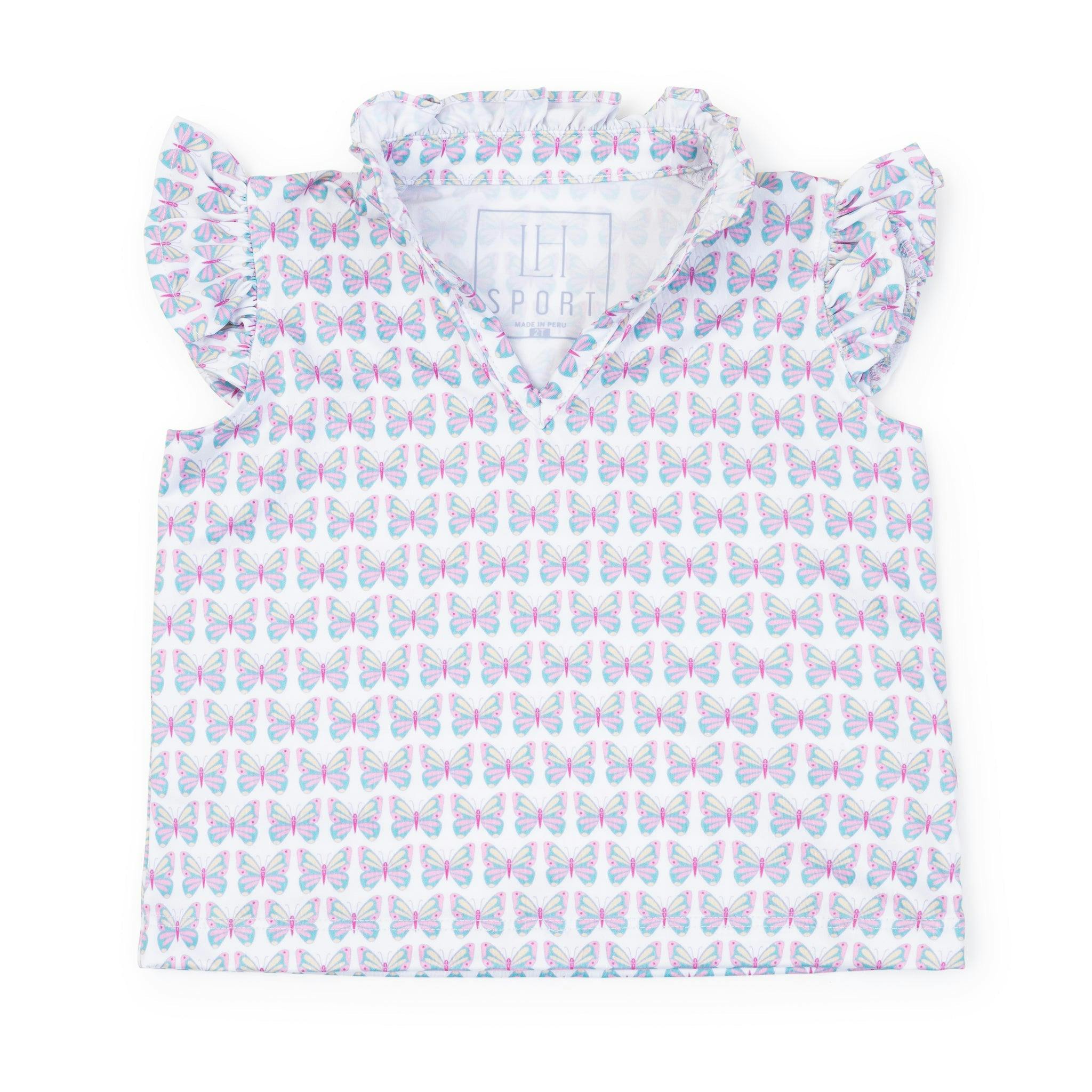 Ellie Girls' Sleeveless Performance Top by LH Sport - Peace Love Butterflies Pink Multi