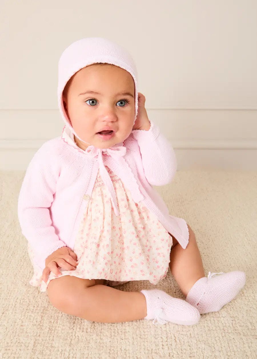 Martha Floral Hand Smocked Cap Sleeve Scallop Collar Dress in Pink (1-9mths)