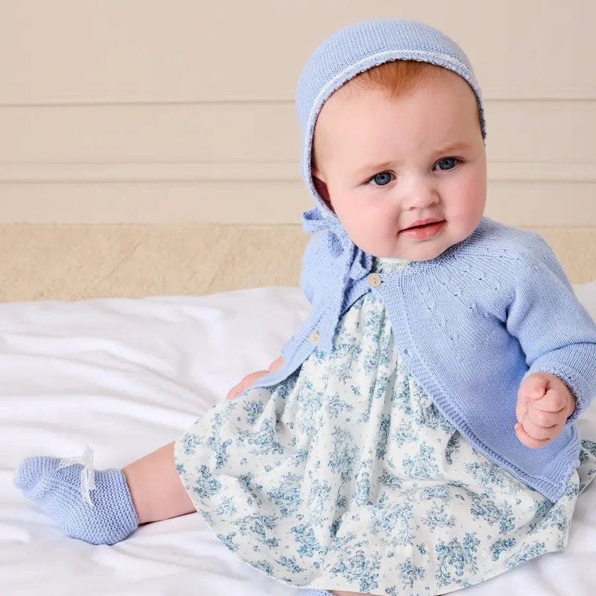 Audrey Toile Capped Sleeve Hand Smocked Dress with Bloomers in Blue (3-12mths)
