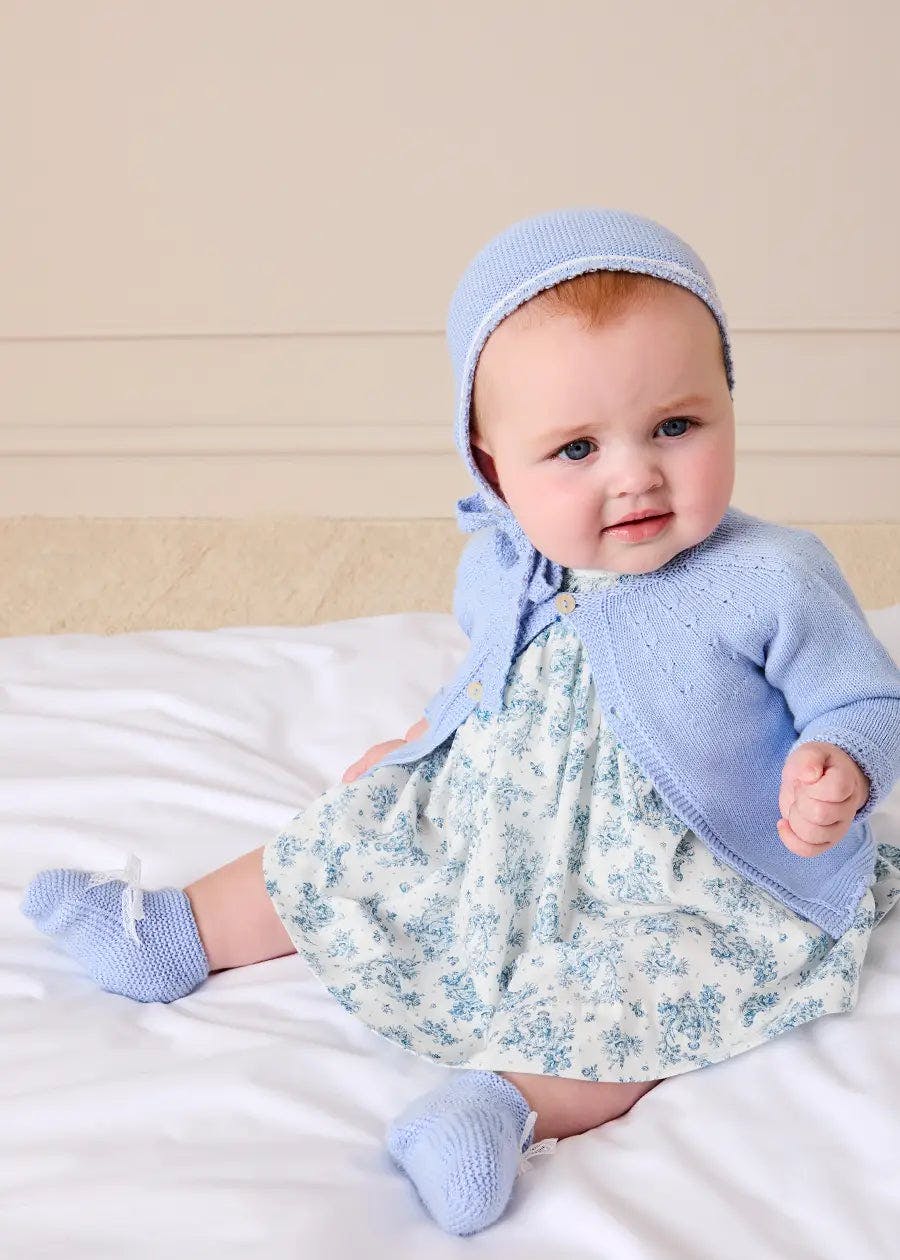 Audrey Toile Capped Sleeve Hand Smocked Dress with Bloomers in Blue (3-12mths)