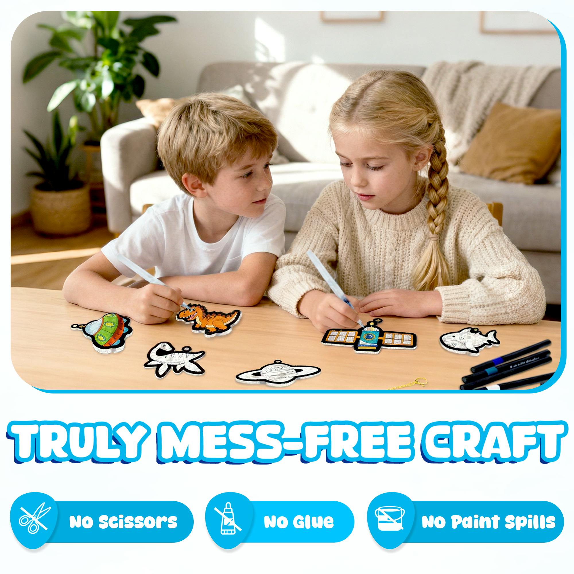 Aqua Fluffs Mess-Free 3D Art Kit for Kids Double-Sided Water-Activated Craft with Dinosaur & Space Designs, No Glue or Paint, Creative Activity Ages 3–8