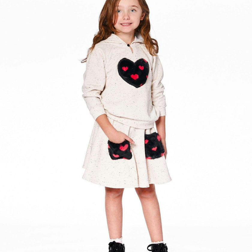 Glittering Beige French Terry Hoodie with Heart Applique