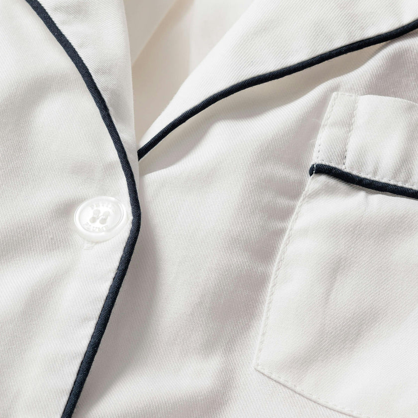 Men's Twill Pajama Short Set in White with Navy Piping