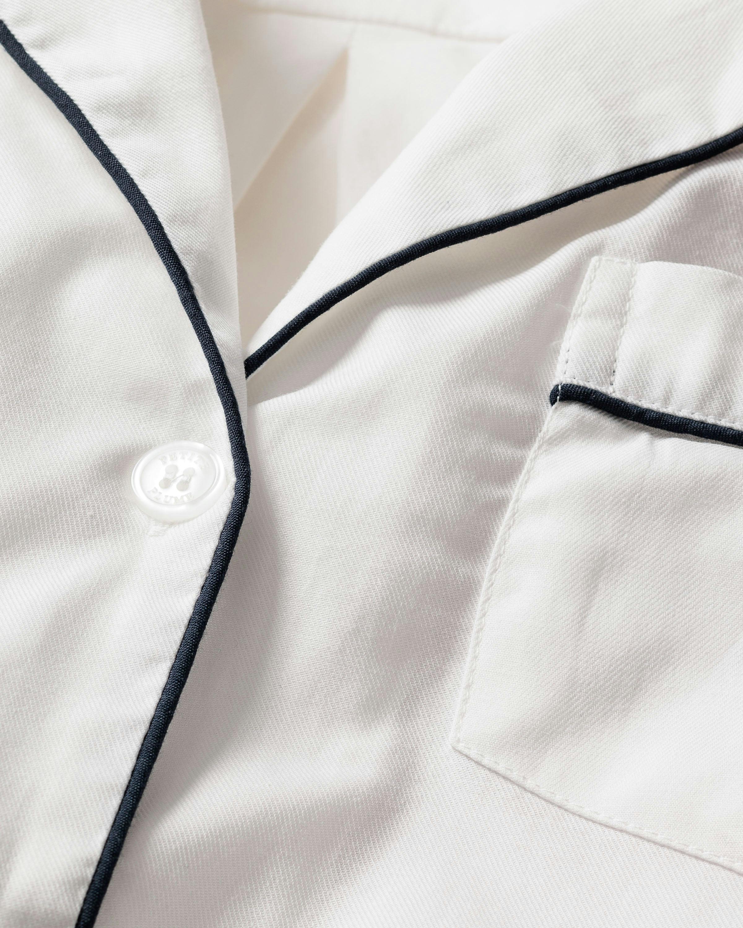 Men's Twill Pajama Short Set in White with Navy Piping