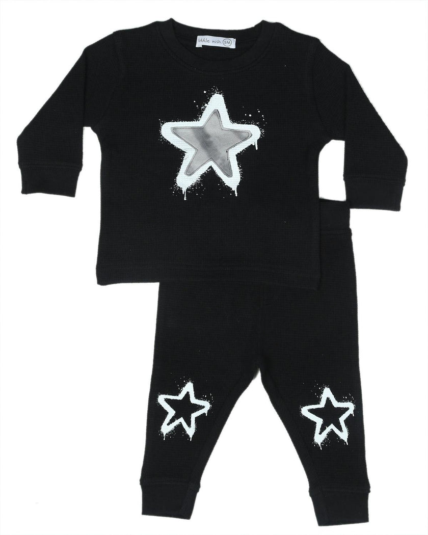 Toddler Two Piece Thermal Set - Black Tie Dye Star
