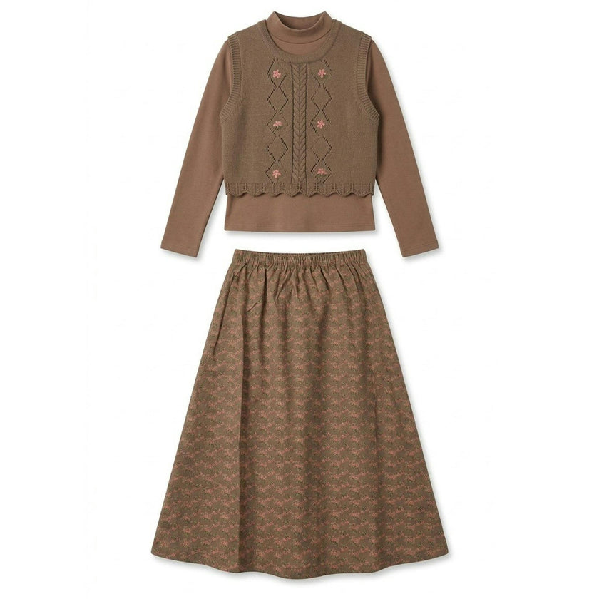 Mock Neck Top, Floral Skirt & Vest Set