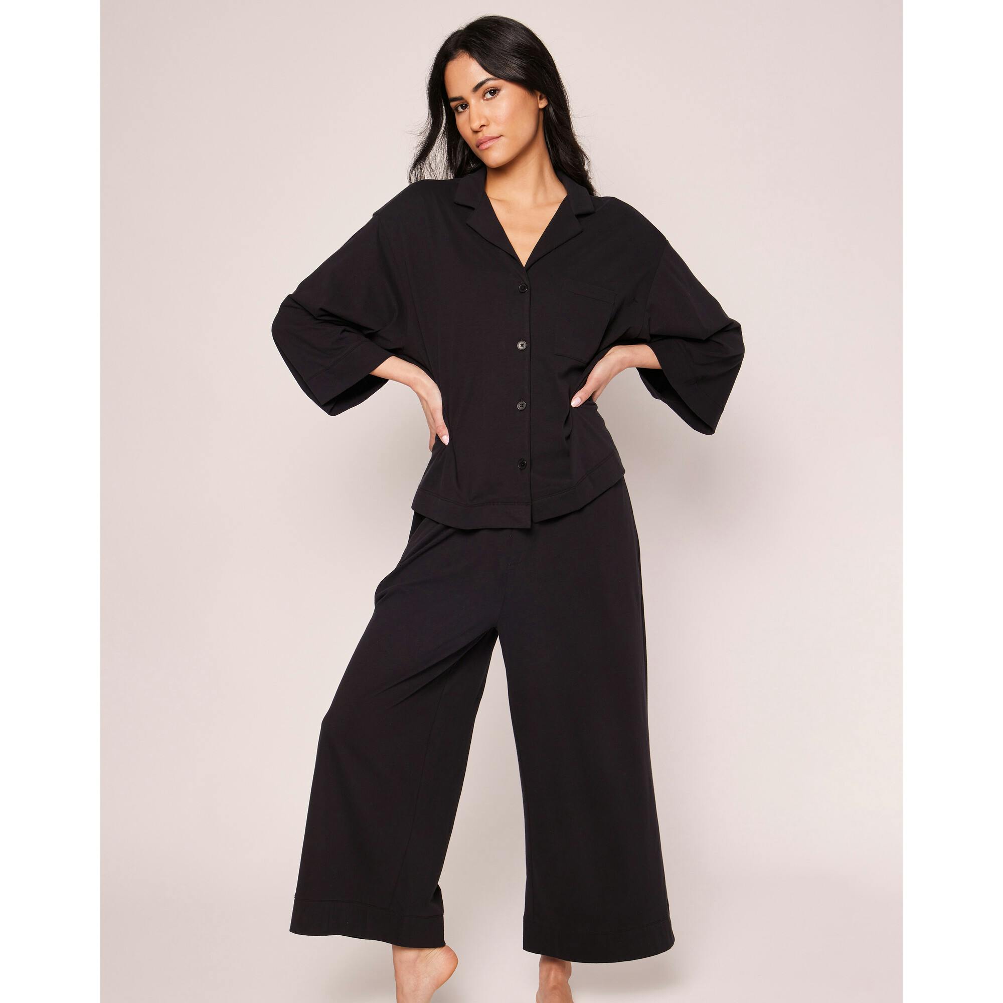 The Olivia Wide Leg Pima Pajama Set in Navy