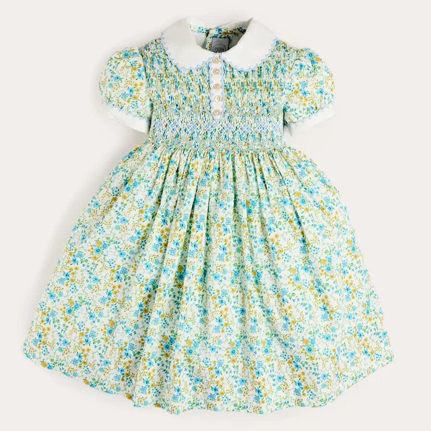 Louisa Floral Hand Smocked Short Sleeve Dress in Blue (18mths- 10yrs)