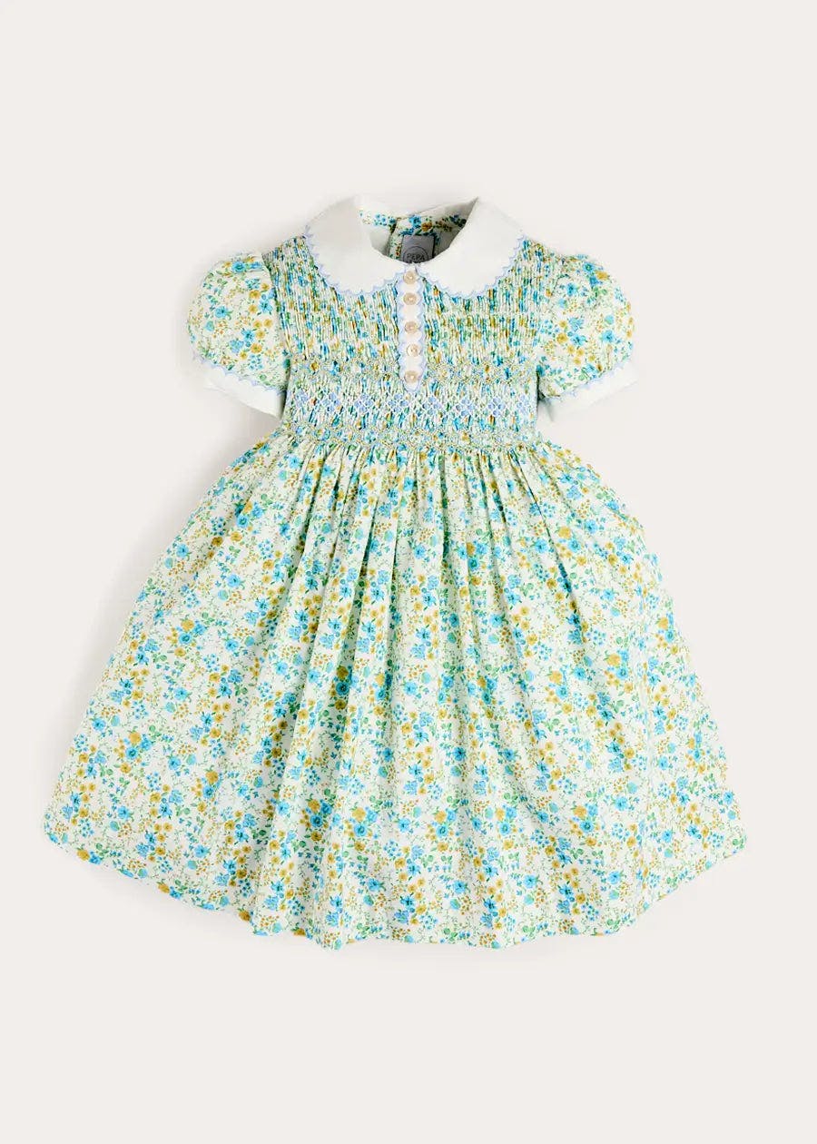 Louisa Floral Hand Smocked Short Sleeve Dress in Blue (18mths- 10yrs)
