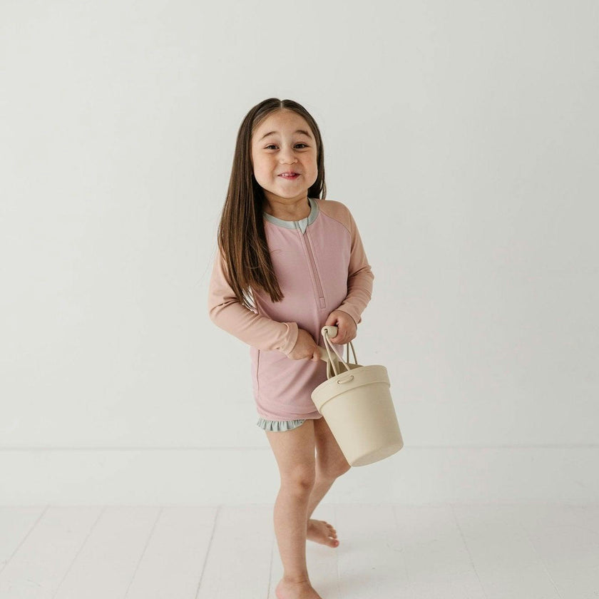 Girls Zip Rash Guard Two-Piece Swimsuit in Mauve Colorblock