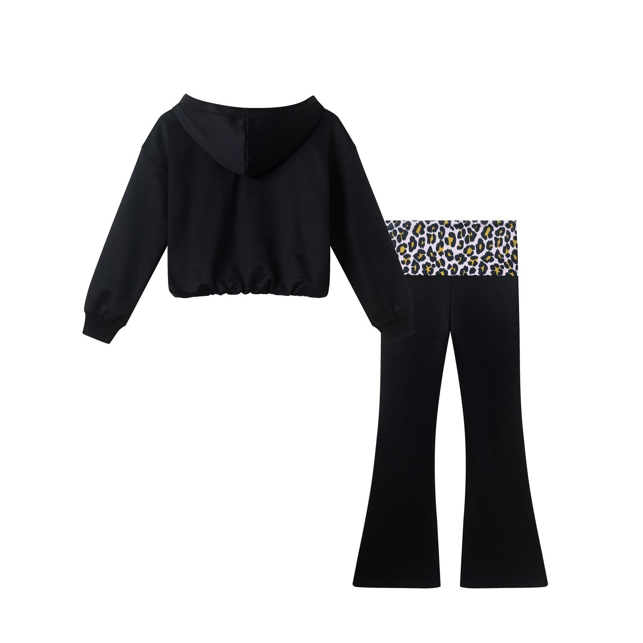 Tween Ponte Hoodie & Flare Pants Set | Black Leopard