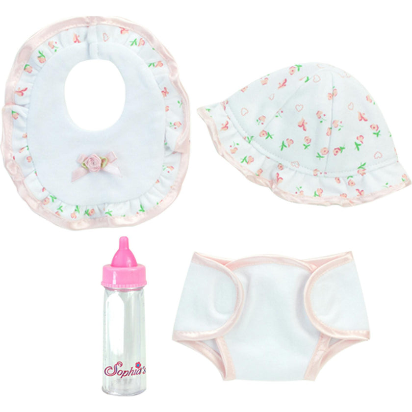 Sophia's 5-Piece Floral Print Outfit and Bottle for 15'' Baby Dolls, White/Pink