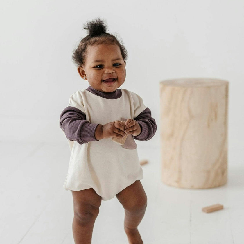 Girls Colorblock Romper in Lavender Cloud Checkered