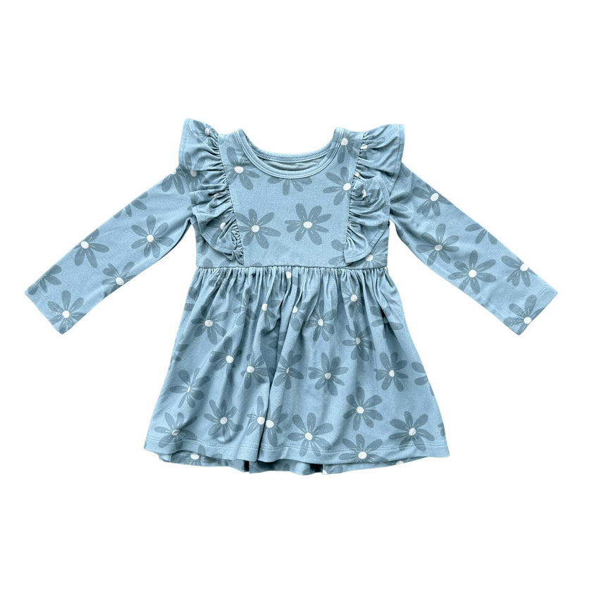 Girls Long Sleeve Ruffle Dress in Daisy in Ski Blue