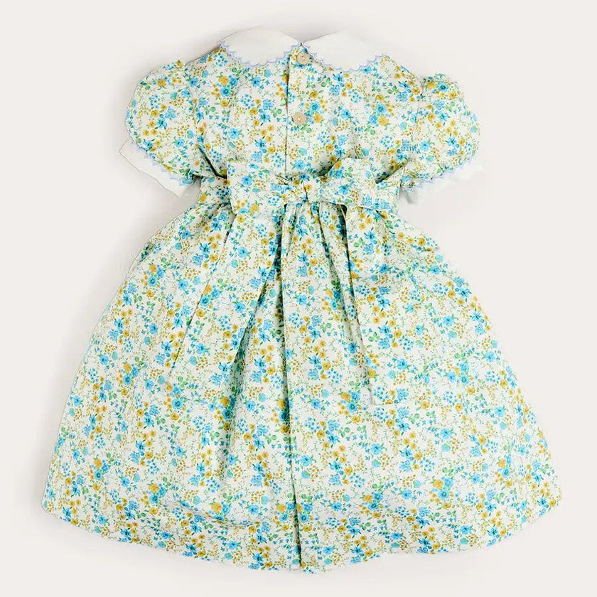 Louisa Floral Hand Smocked Short Sleeve Dress in Blue (18mths- 10yrs)
