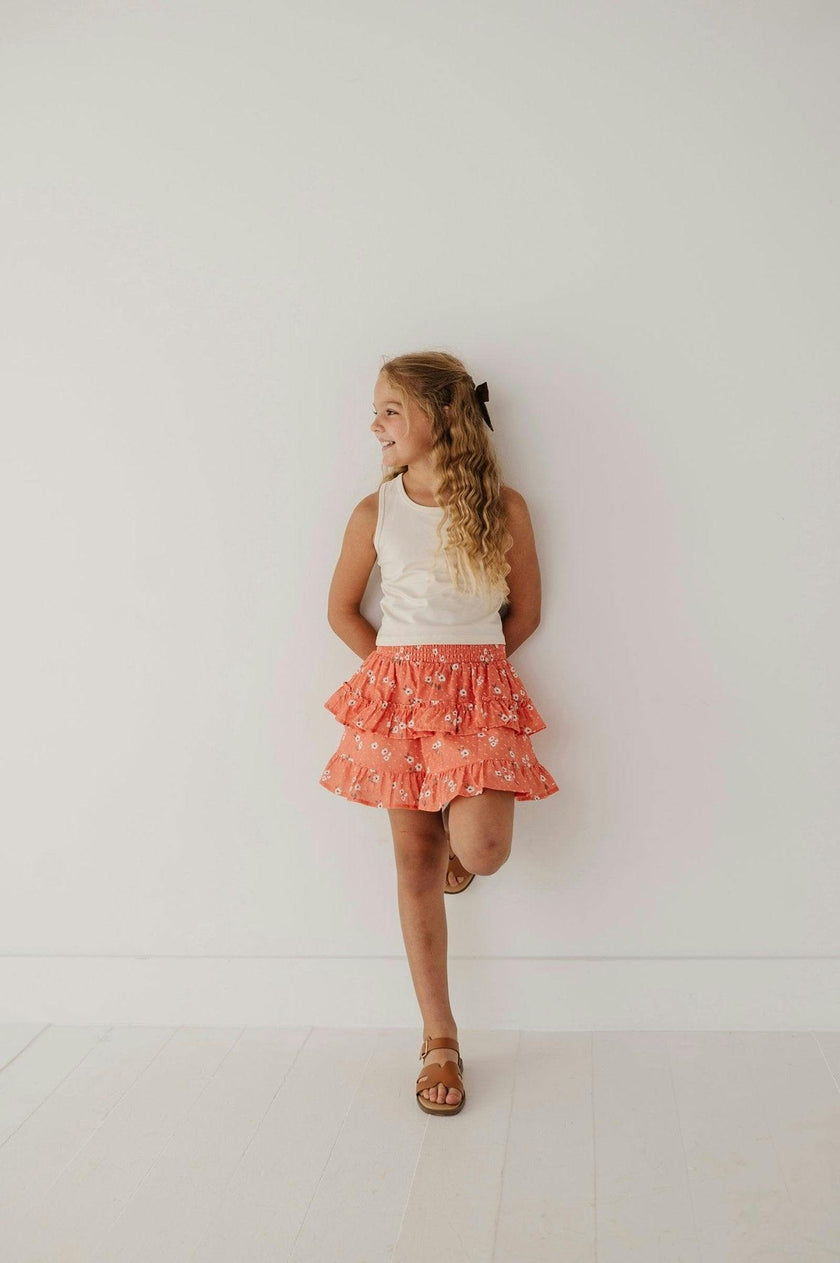 Girls Ruffled Skirt in Coral Mini Spaced Floral