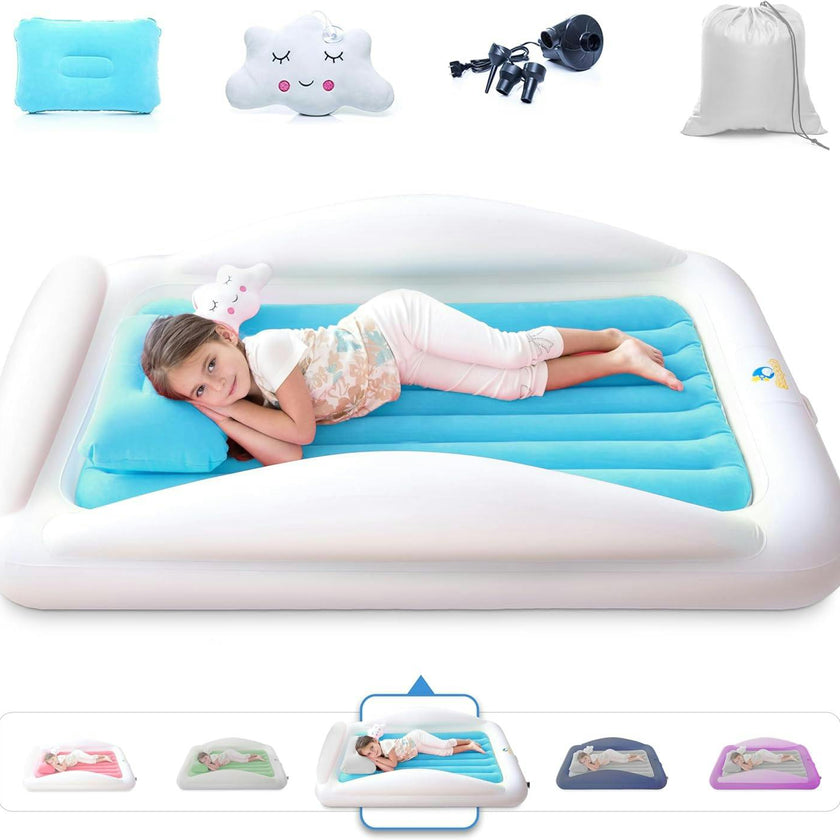 Sleepah Inflatable Toddler Travel Bed Portable Kids Air Mattress Set w Safety Bed Rail Guards for Kids & Toddlers – Set Includes Pump, Carry Case, Pillow