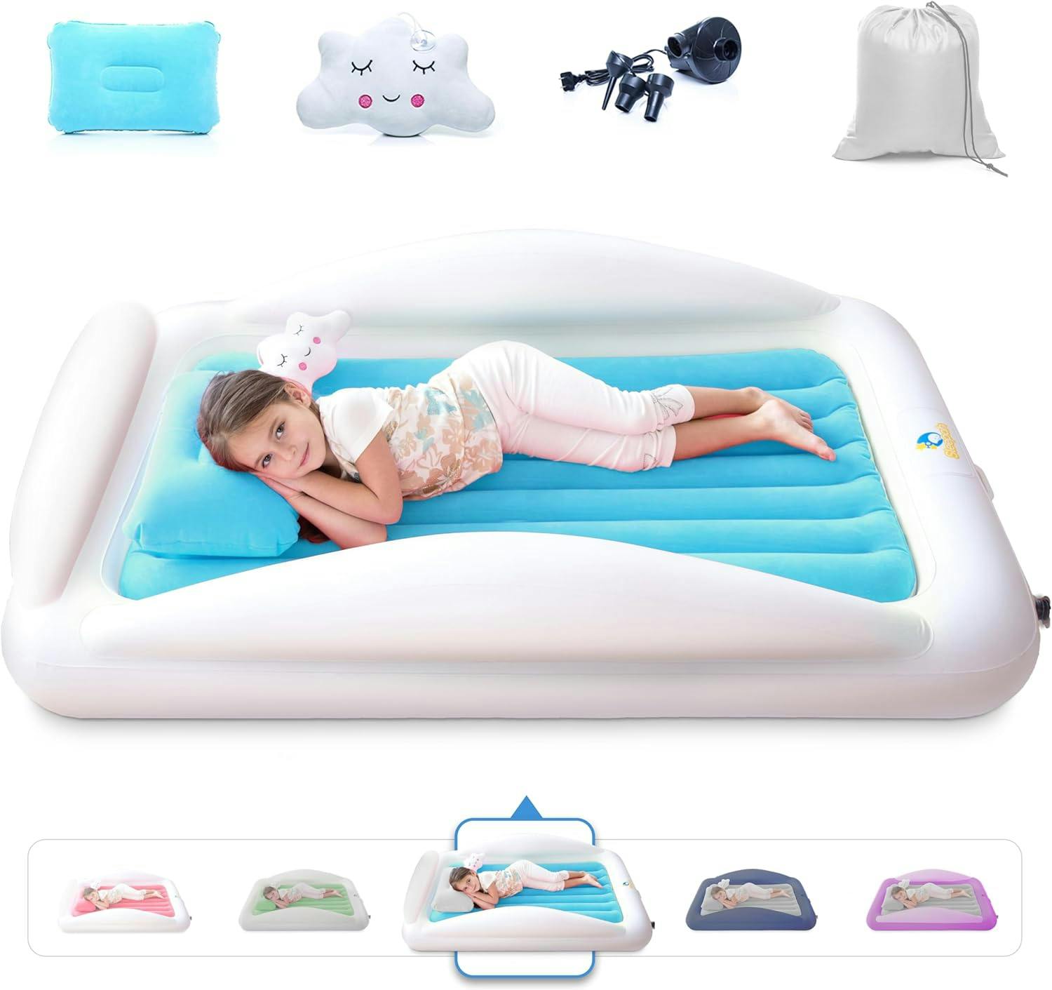 Sleepah Inflatable Toddler Travel Bed Portable Kids Air Mattress Set w Safety Bed Rail Guards for Kids & Toddlers – Set Includes Pump, Carry Case, Pillow