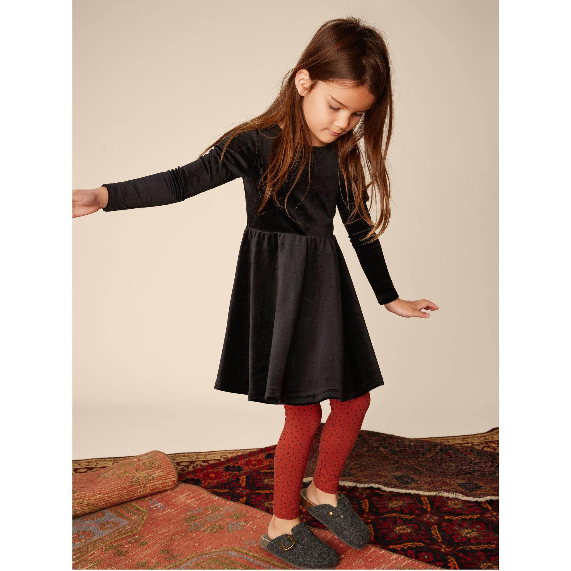 Velour Boat Neck Long Sleeve Ballet Skirt Dress, Black