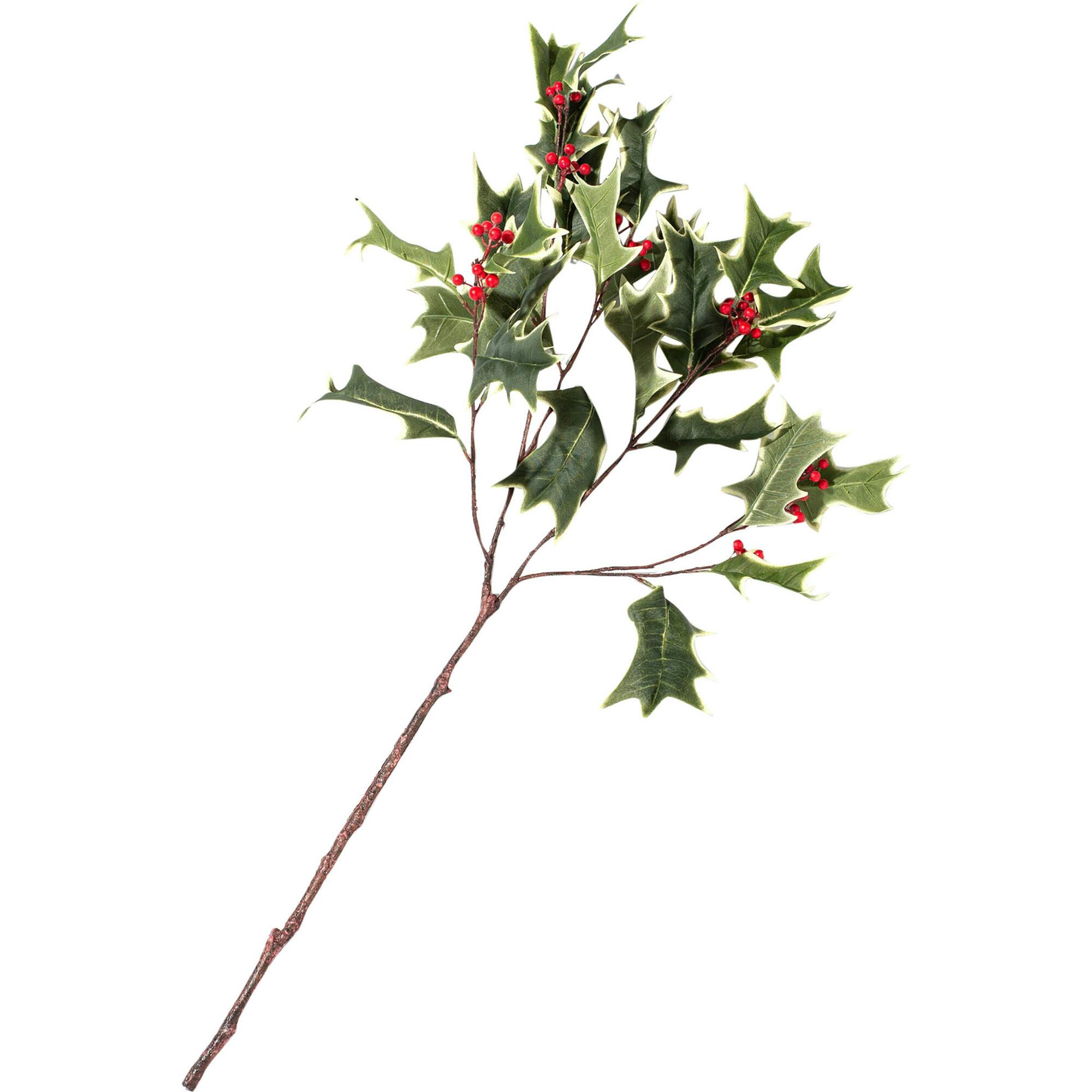 Green Variegated Large Holly Berry Branch Faux Christmas Botanical Winter Foliage - 31
