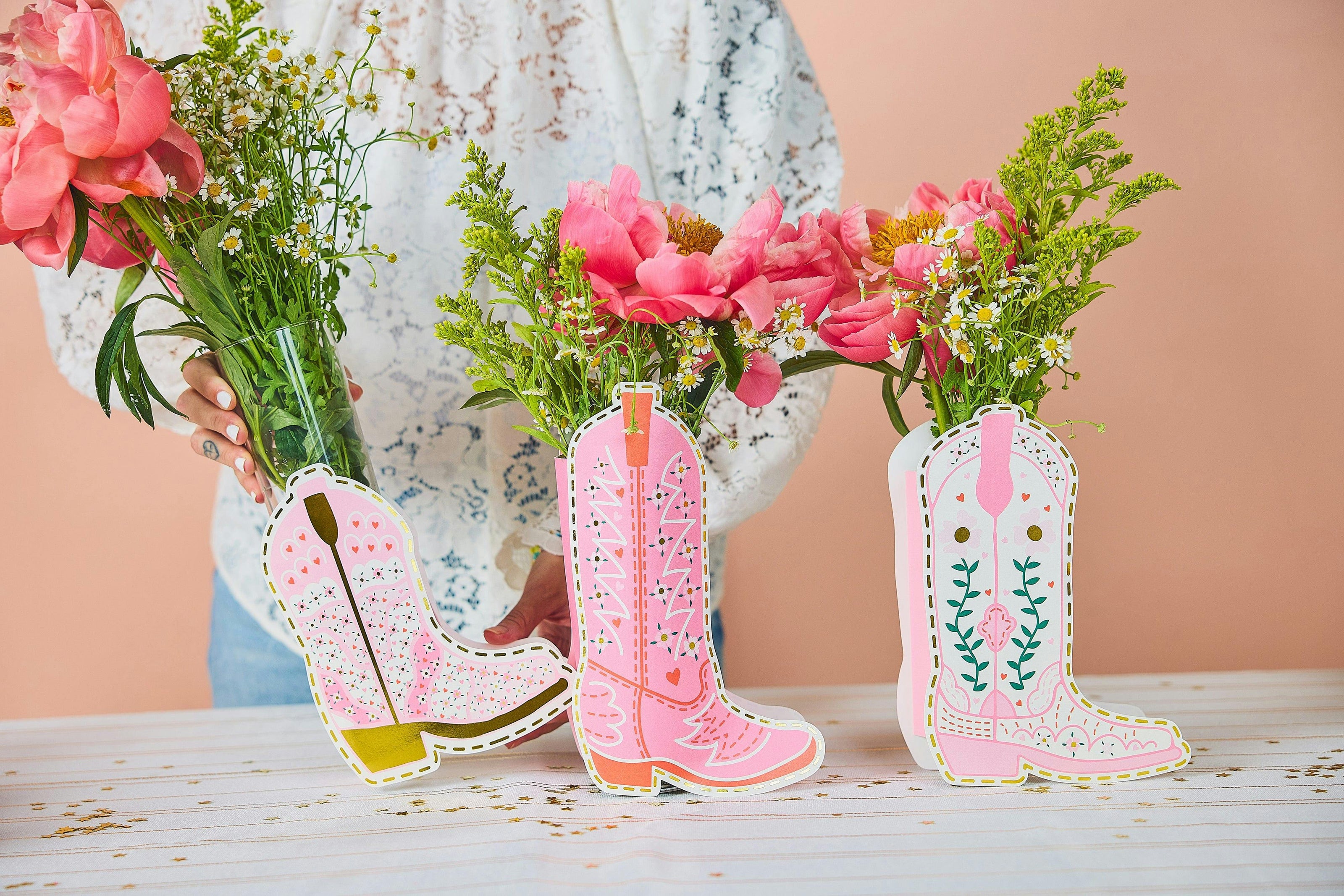 Packed Party Boot Scoot Blooms Cowboy Boot Pop-Up Vase Slip Covers Set of 3 - Multi-Size Pink Boot-Shaped Die-Cut Paper Vase Sleeves for Western Tables