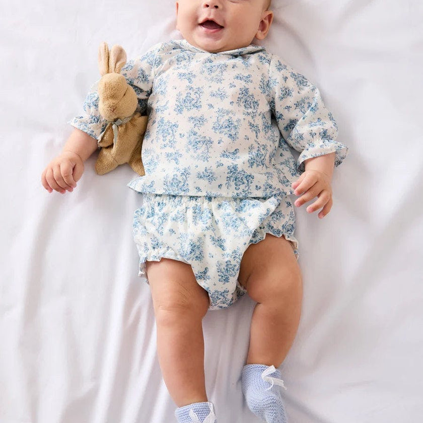 Audrey Toile Peter Pan Collar Long Sleeve Blouse in Blue (1mth-12mths)