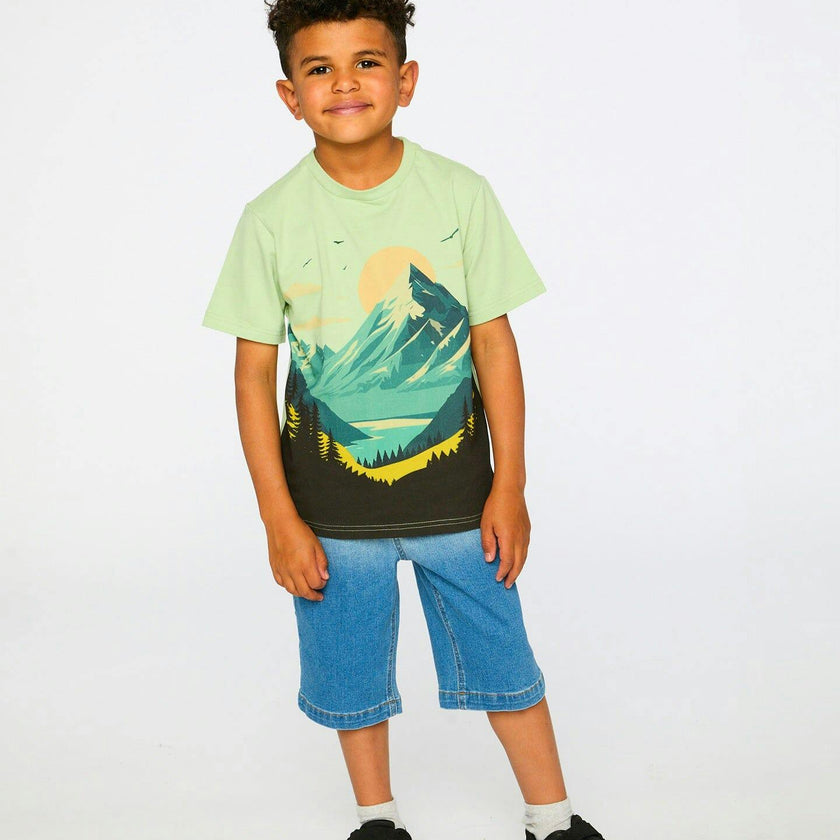 Organic Cotton Jersey T-Shirt With Mountain Print Sage