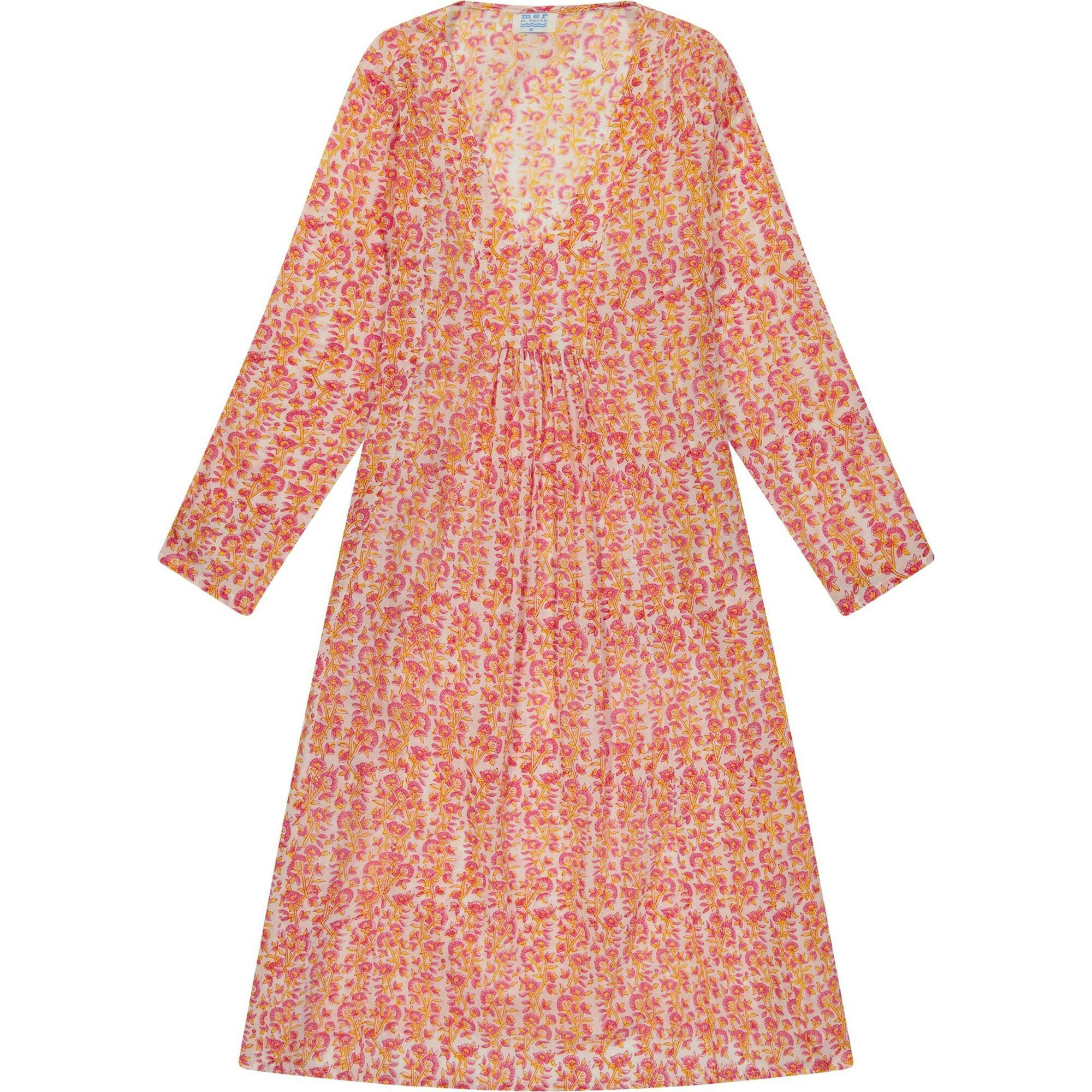 Women's Floral Block Print V-Neck Fit-N-Flare Long Sleeve Caftan  Dress