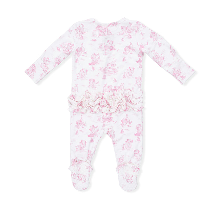 Puppy Toile Pink - 2 Way Ruffle Back Zipper Footie with Bandana Bib, and Swaddle Blanket Set