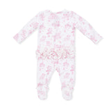 Puppy Toile Pink - 2 Way Ruffle Back Zipper Footie with Bandana Bib, and Swaddle Blanket Set
