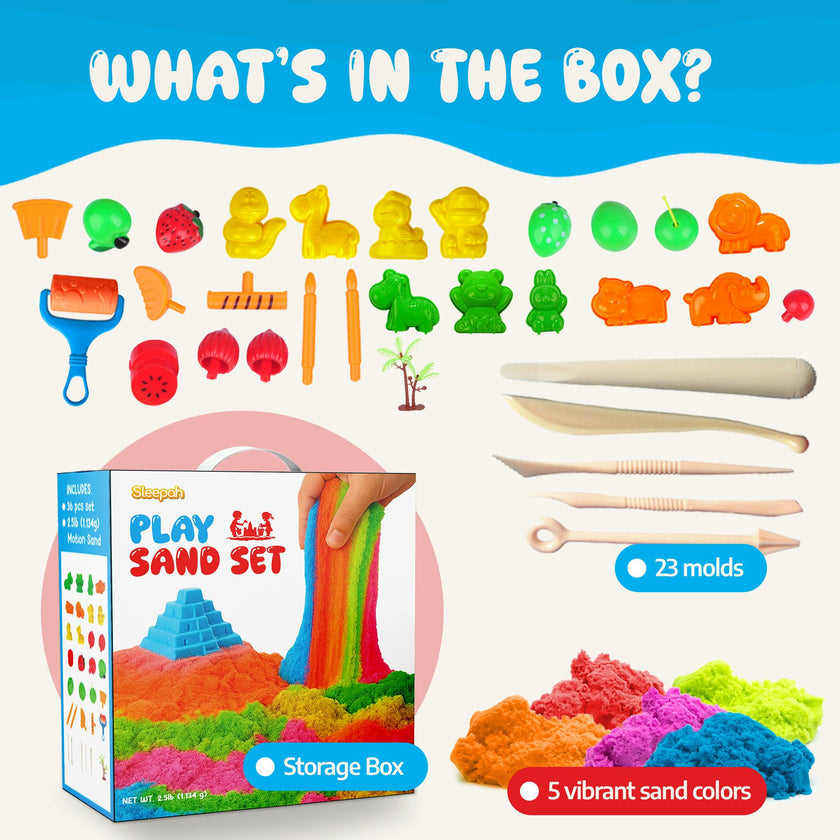 Sleepah Play Sand Sensory Sand Set for Boys & Girls Age 3-8 No Mess Never Dries Out Toy Perfect for Shaping Squeezing Scooping Rolling Molding  36p Set 5 Colors