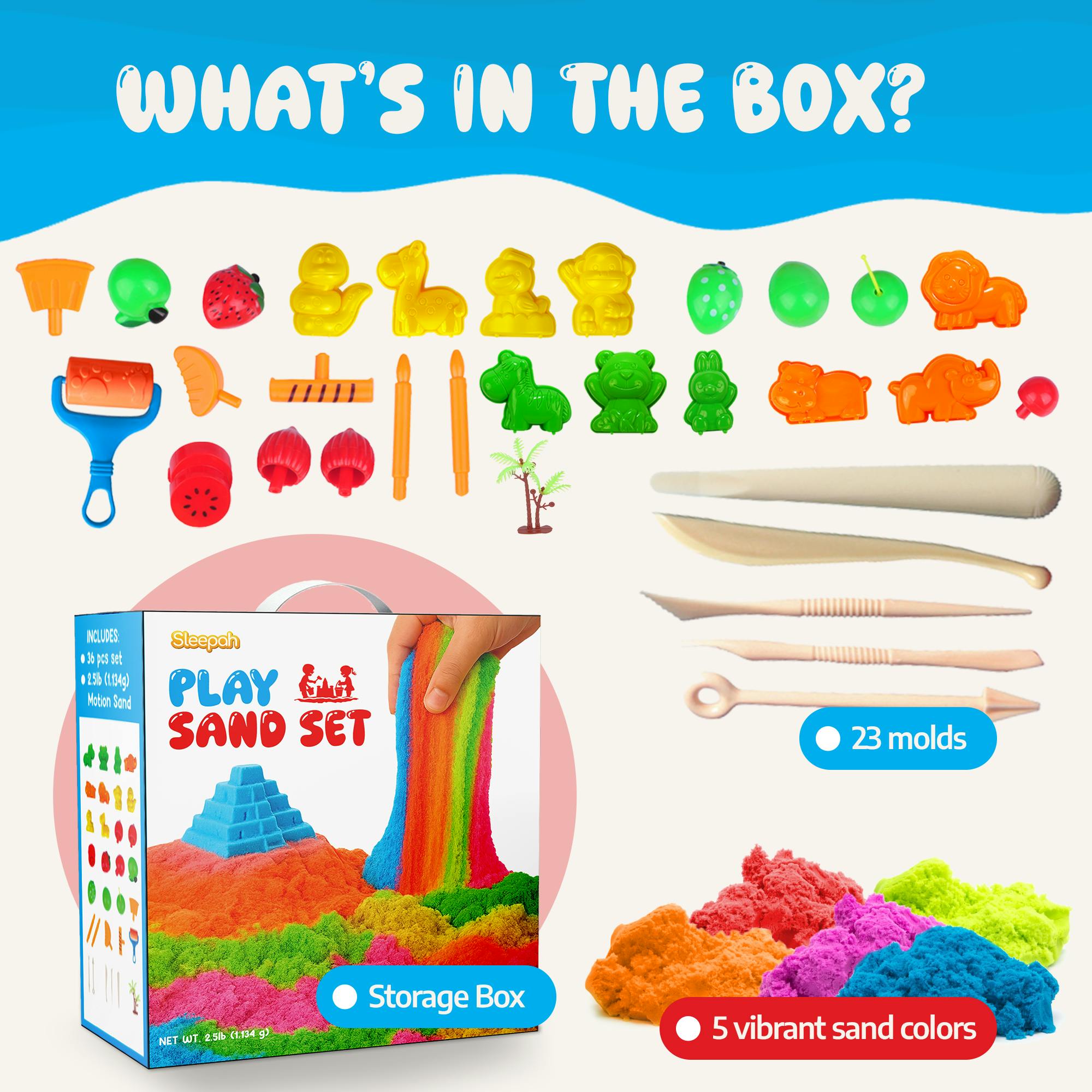 Sleepah Play Sand Sensory Sand Set for Boys & Girls Age 3-8 No Mess Never Dries Out Toy Perfect for Shaping Squeezing Scooping Rolling Molding  36p Set 5 Colors