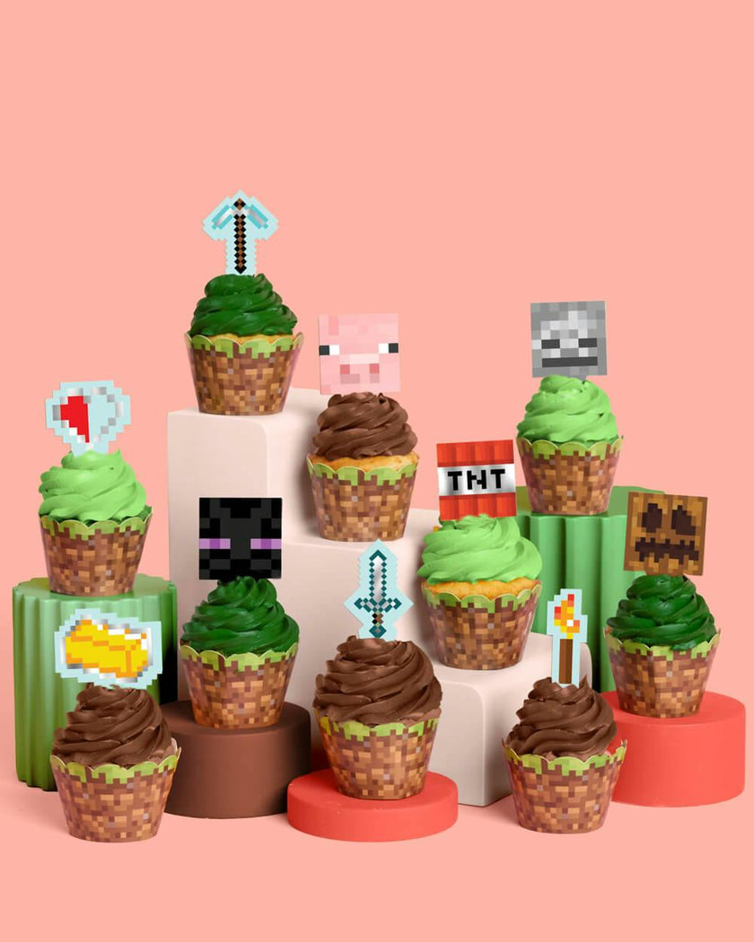 Pixel Mining Cupcake Set - 30 sets of liners + toppers