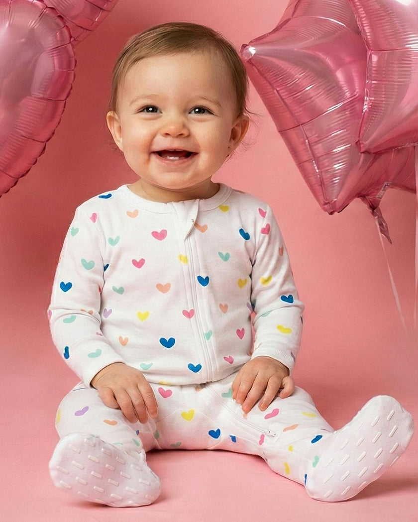 The Organic Zipper Footie [Rainbow Hearts]