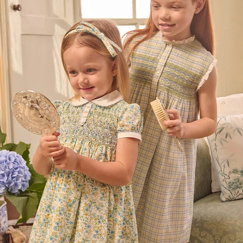 Louisa Floral Hand Smocked Short Sleeve Dress in Blue (18mths- 10yrs)