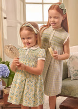 Louisa Floral Hand Smocked Short Sleeve Dress in Blue (18mths- 10yrs)