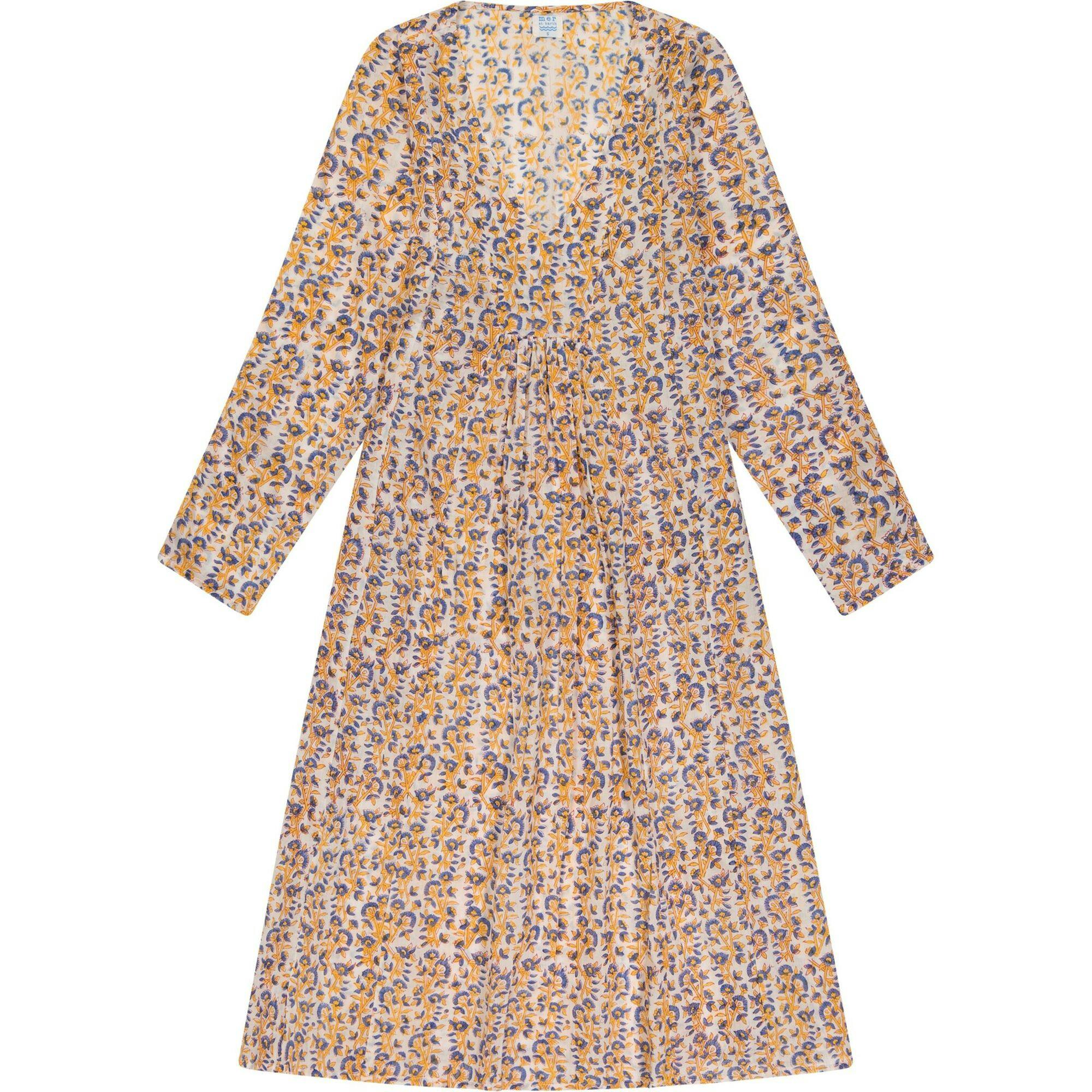 Women's Floral Block Print V-Neck Fit-N-Flare Long Sleeve Caftan  Dress