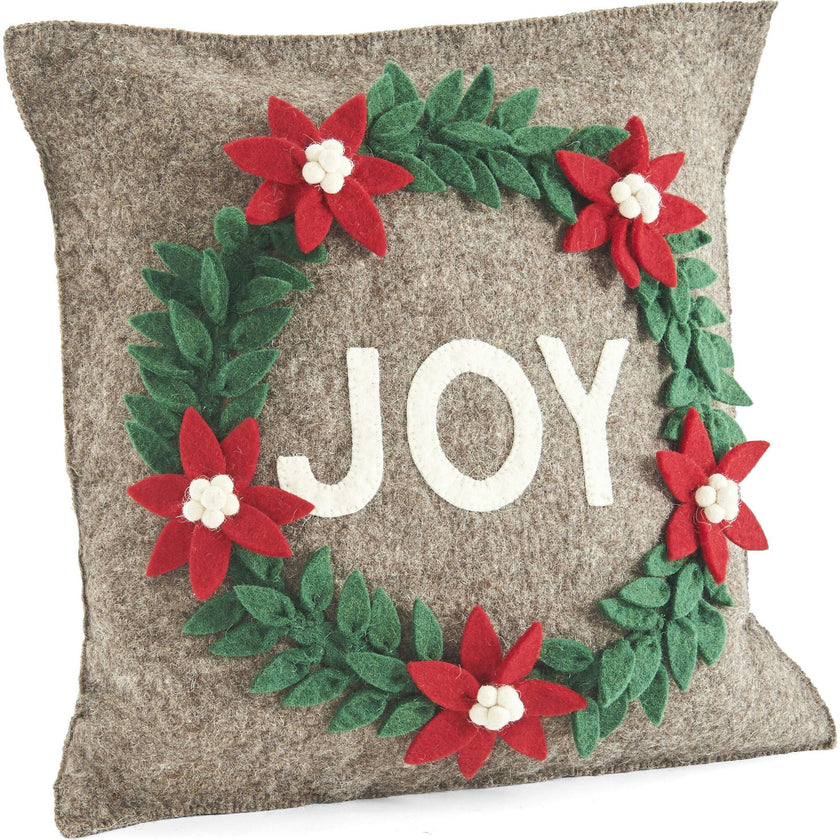 Hand Felted Wool Christmas Pillow - JOY Wreath Natural Gray - 20" Arcadia Home