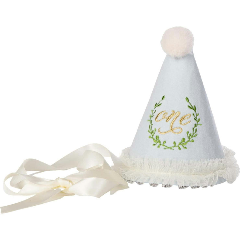 ONE Party Hat with Laurel Wreath Embroidery - Blue