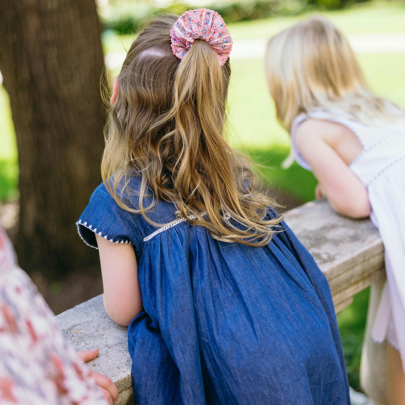 girls chambray embroidered cap sleeve dress