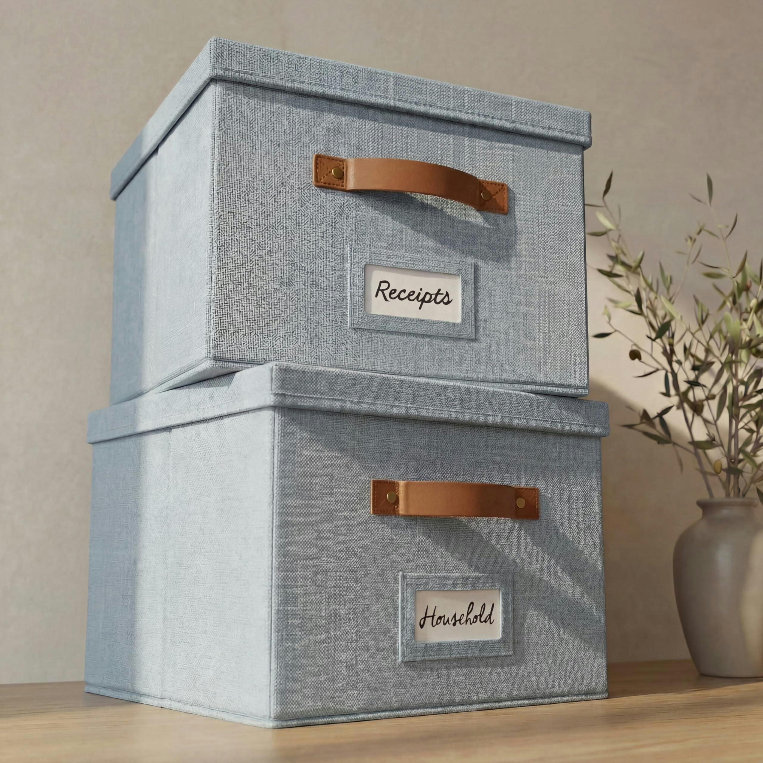ZICOTO Decorative Ivory File Box Organizer Set of 2 - Collapsible Linen File Cabinet for Easy Folder Storage - Store All Your Documents and Folders in Style
