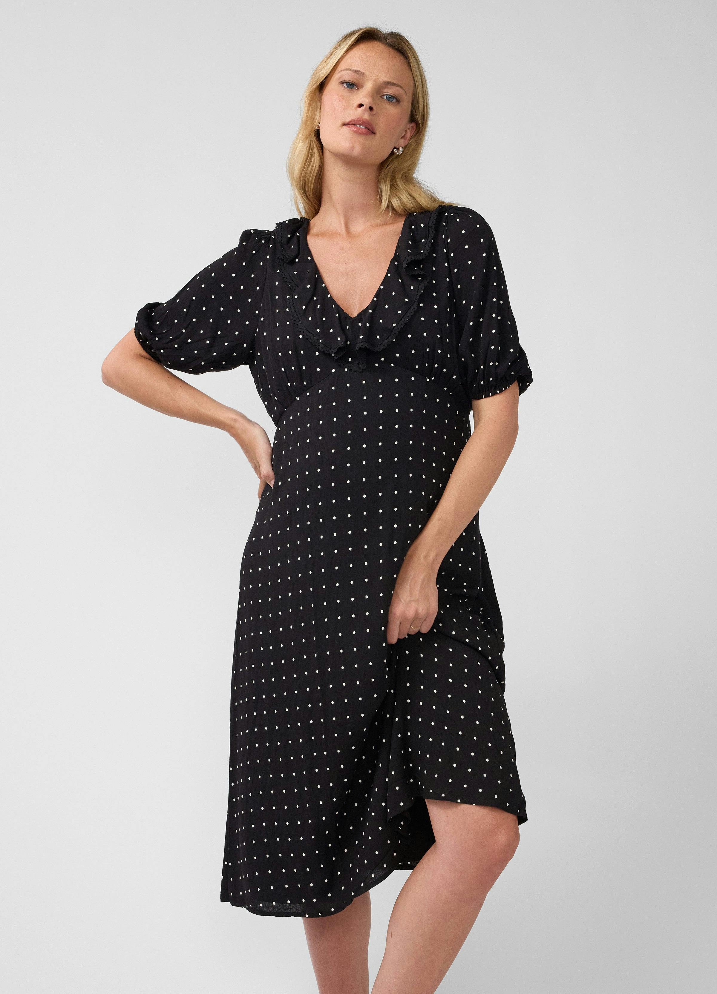 Polka Dot V-Neck Ruffle Maternity Midi Dress
