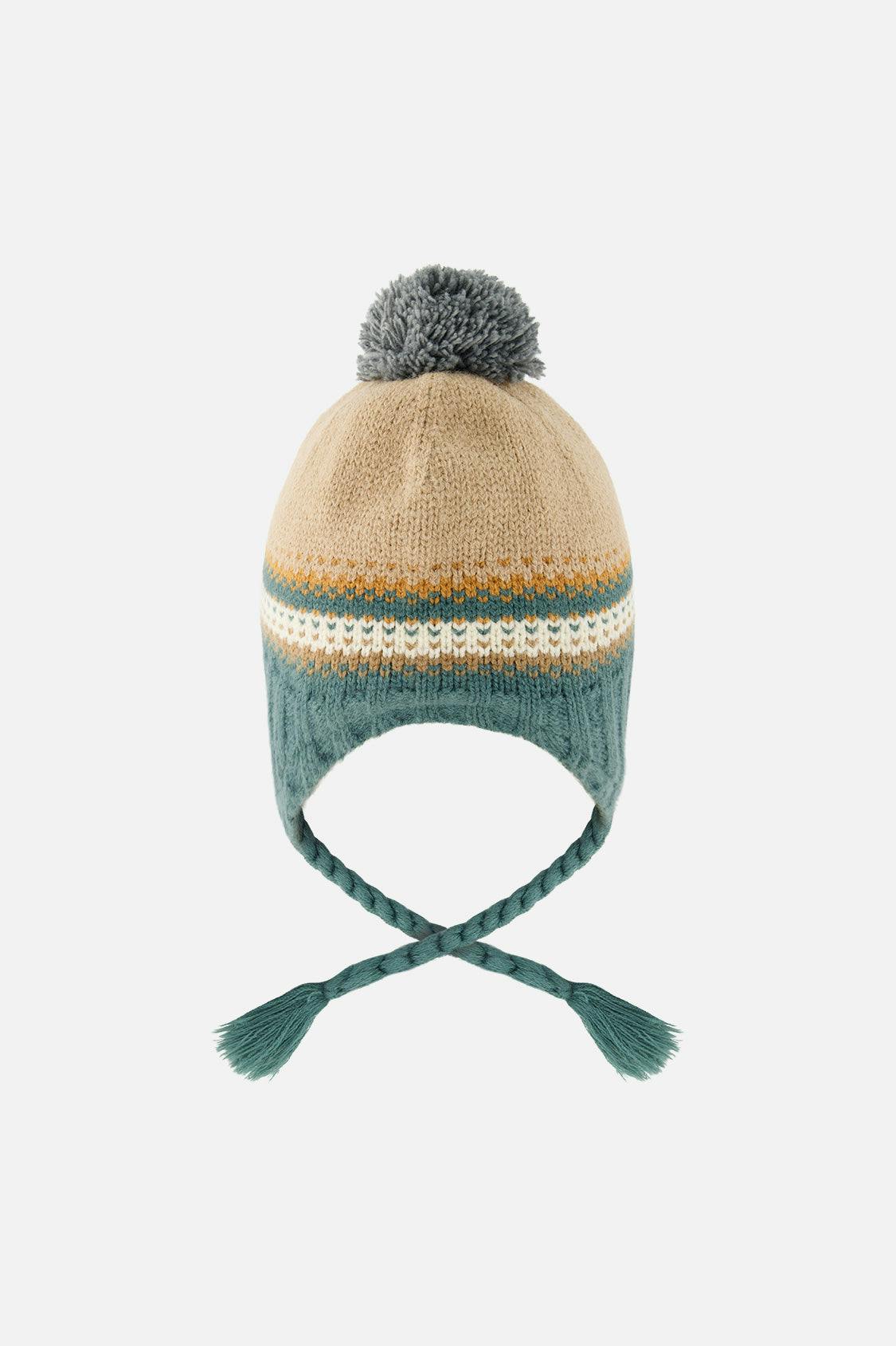 Winter Peruvian Knit Hat with Pompom Beige and Green Jacquard