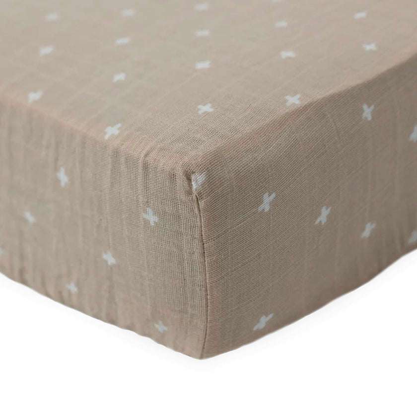 Cotton Muslin Crib Sheet - Taupe Cross