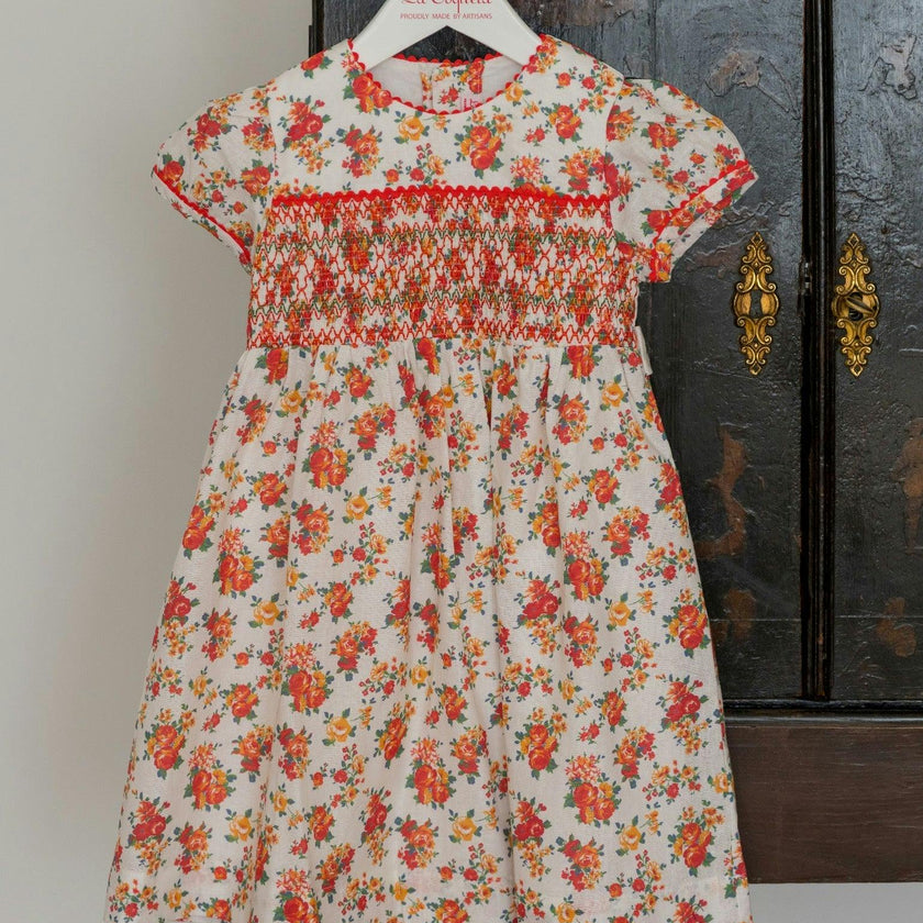 Coral Floral Soraya Girl Hand-Smocked Dress