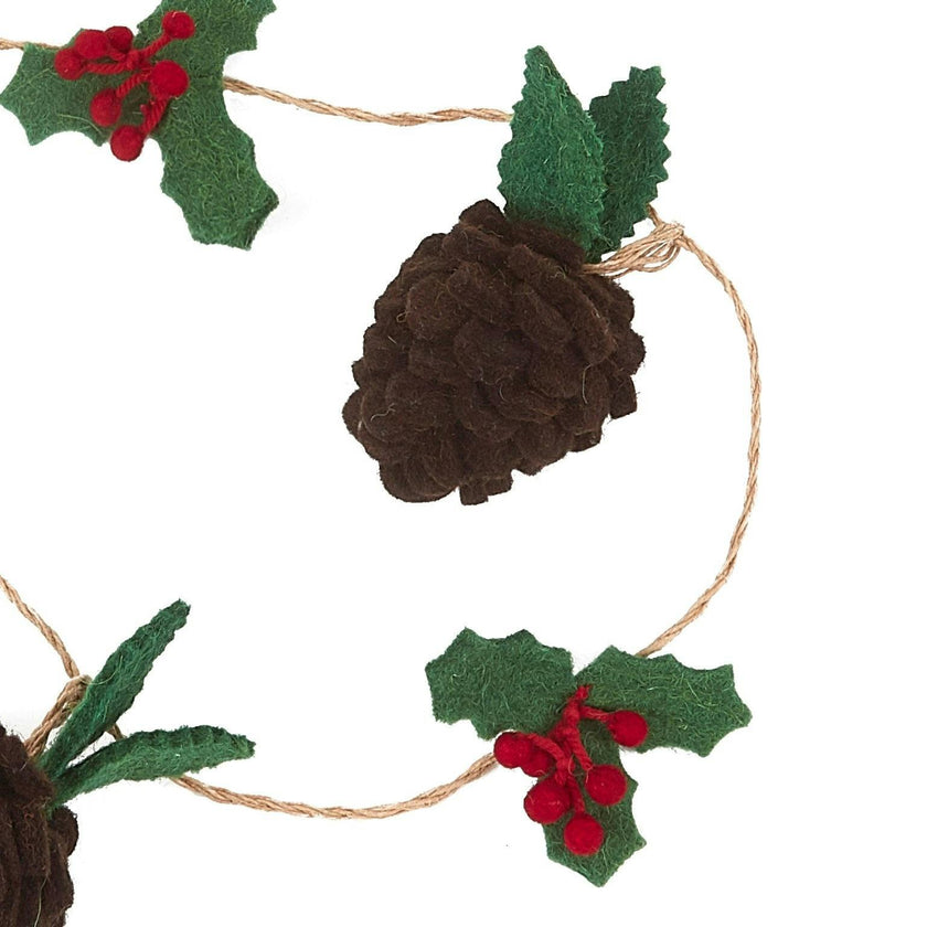Handmade Christmas Garland and Bunting - Pinecones and Holly Berries Felt and Jute - 6' Arcadia Home