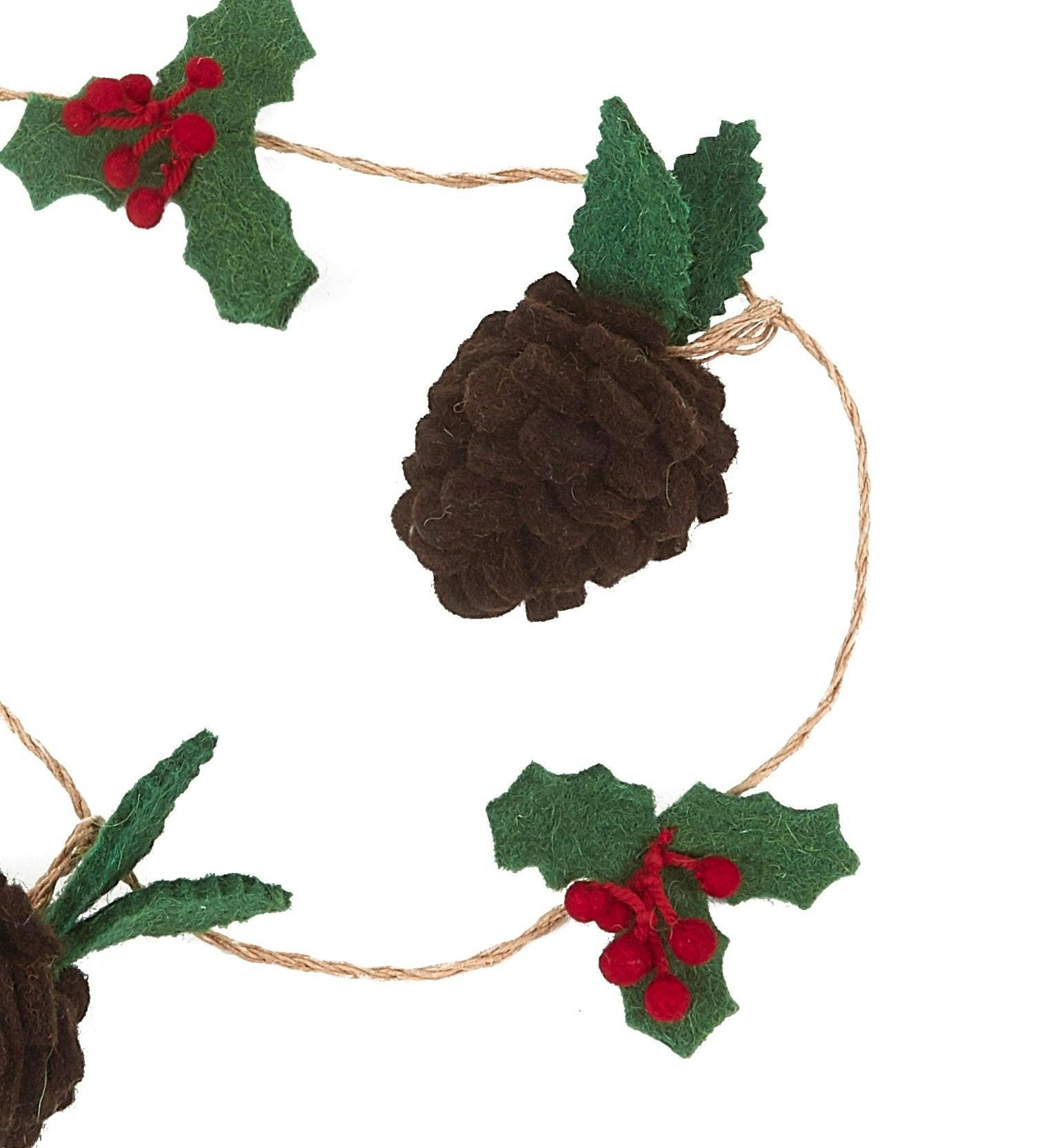Handmade Christmas Garland and Bunting - Pinecones and Holly Berries Felt and Jute - 6' Arcadia Home