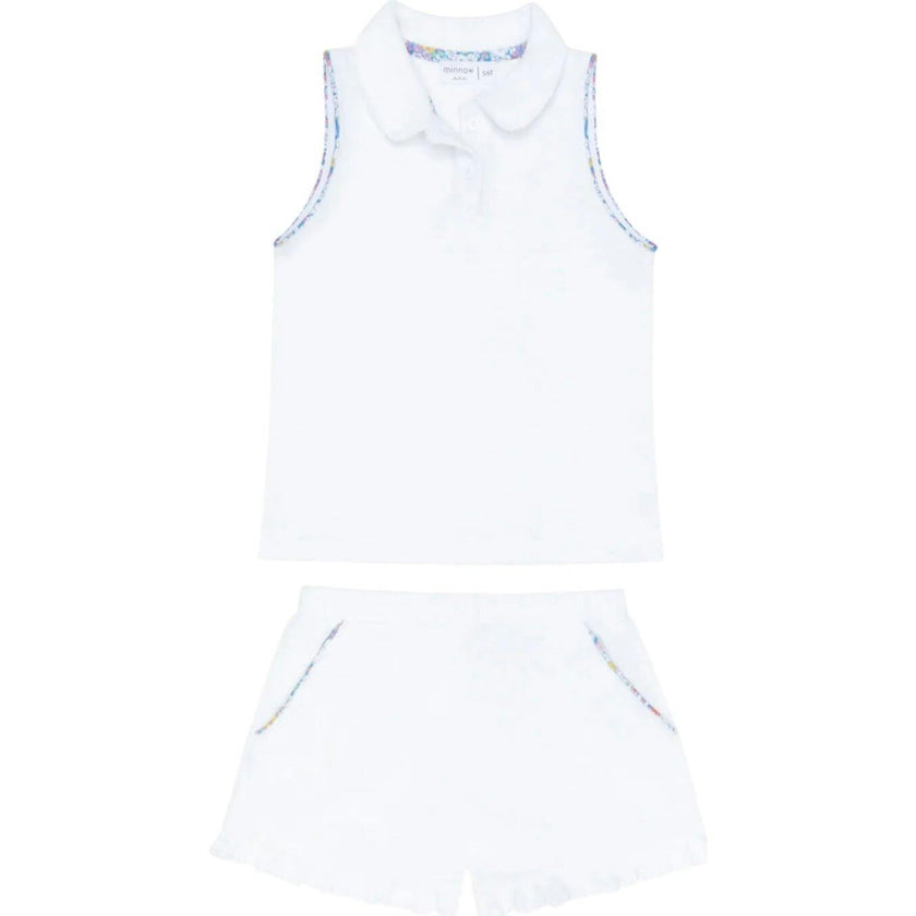 girls shell white french terry tennis tank top and short set
