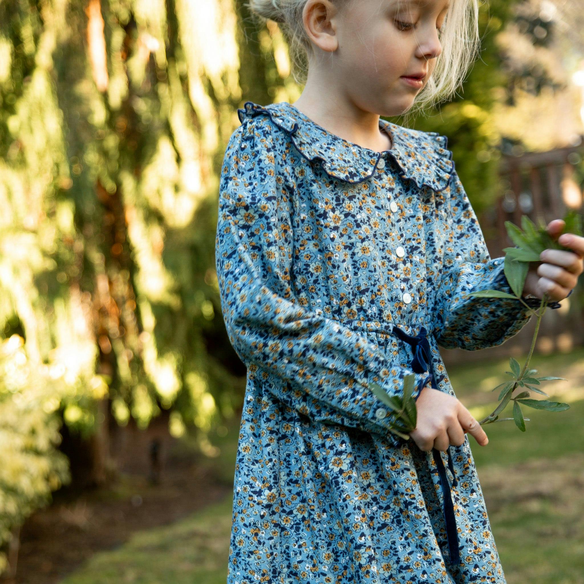 Girls Adelaide Velvet Tie Dress | Blue and Mustard Wildflowers