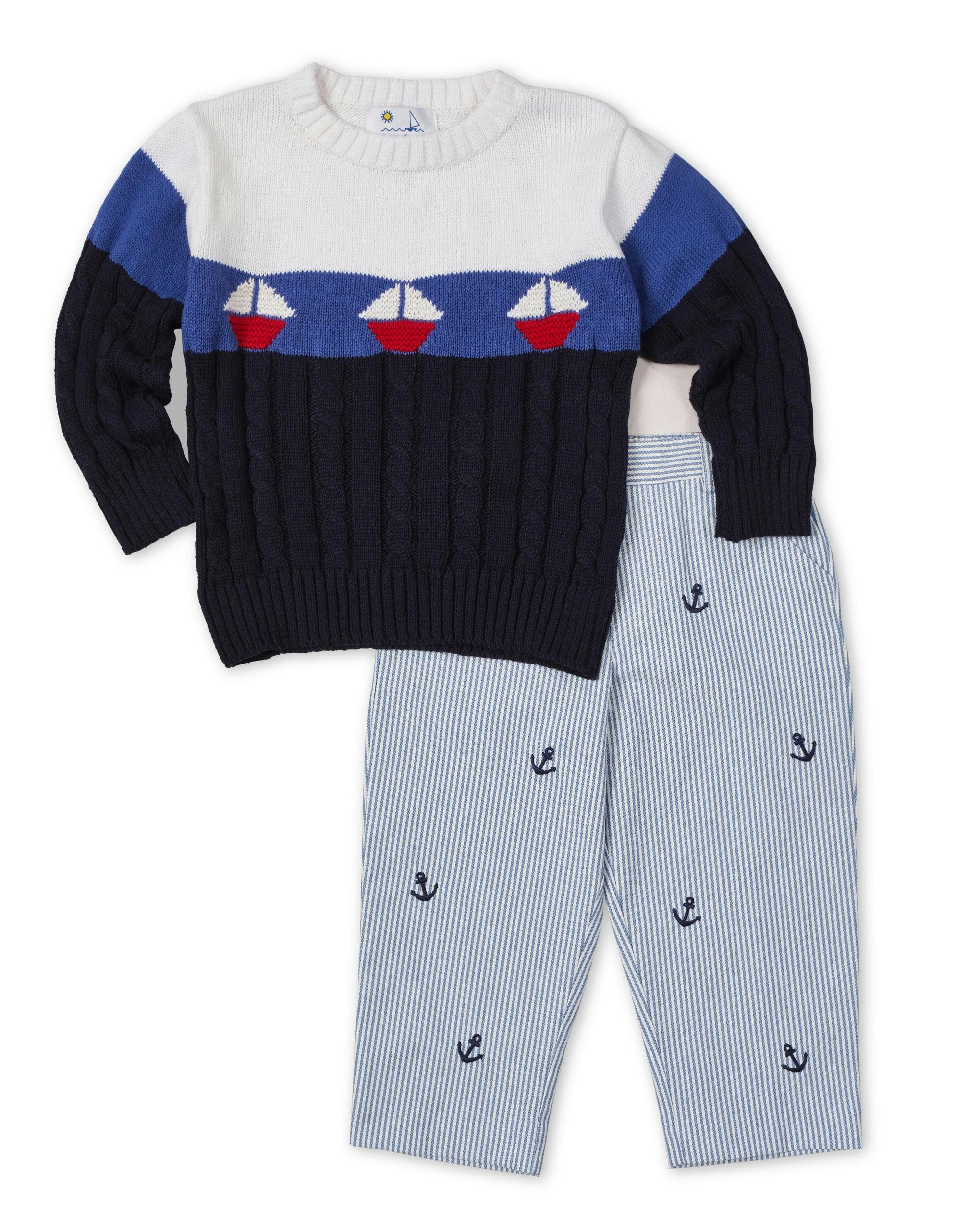 Stripe Fake Fly Pants With Anchors